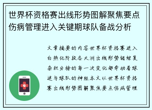 世界杯资格赛出线形势图解聚焦要点伤病管理进入关键期球队备战分析 世界杯资格赛出线形势图解聚焦要点伤病管理进入关键期球队备战分析